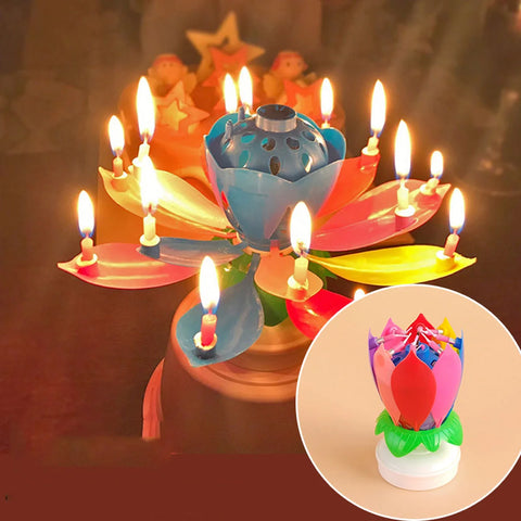 Music Candle Double Flower Blossoms Birthday Cake Flat Rotating Electronic