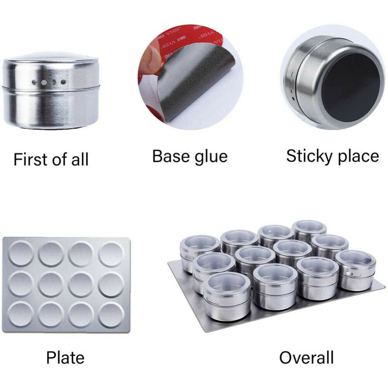 12PCS Magnetic Spice Jars Stainless Steel